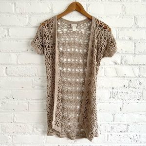 NWOT Chico's Taupe Short Sleeve Crochet Cardigan | Size Zero (small)